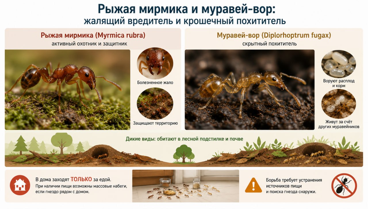 Рыжая мирмика и муравей-вор